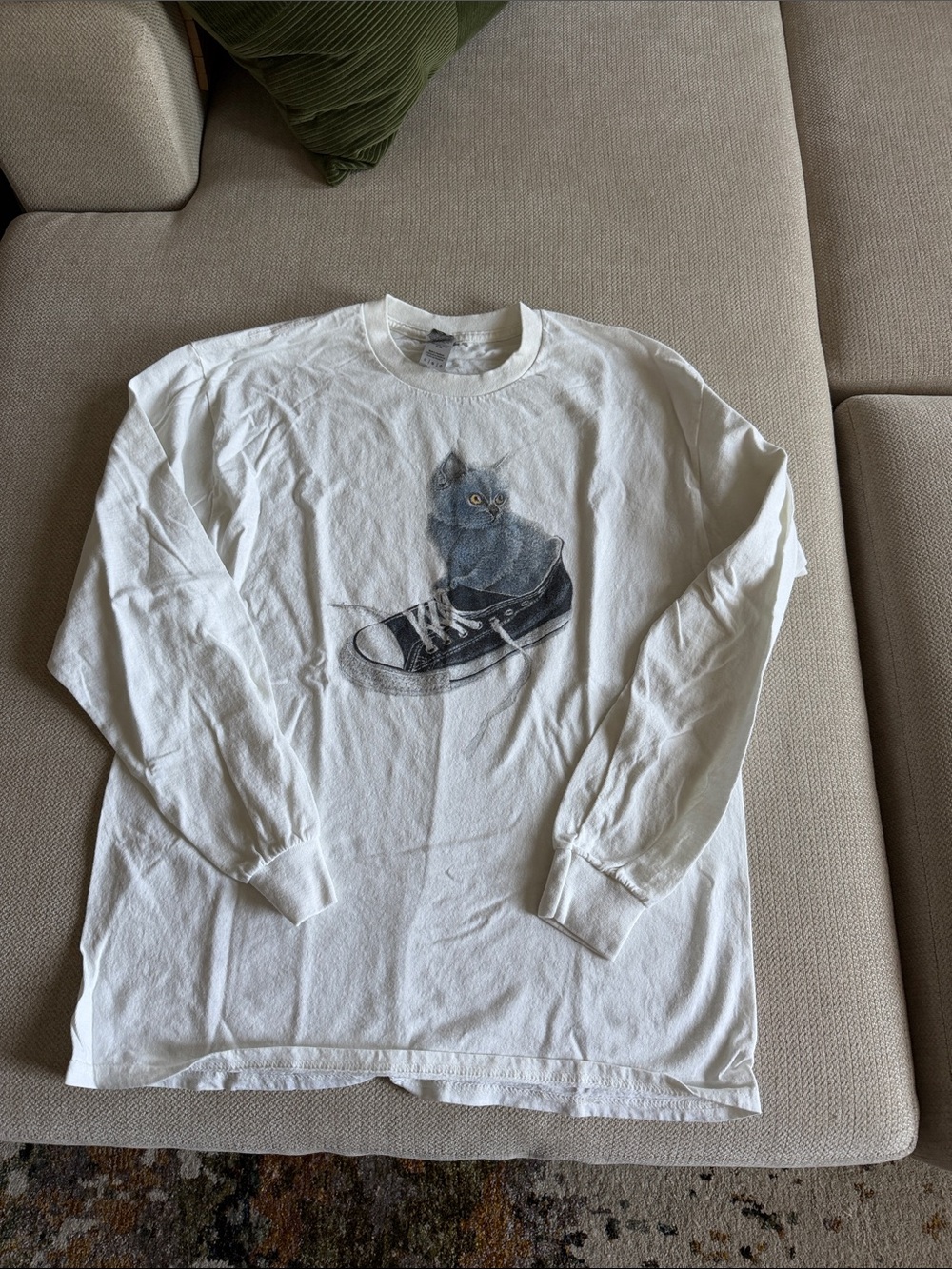 White Long-Sleeve Graphic Shirt with Cat & Sneaker Designed by Beth Stern